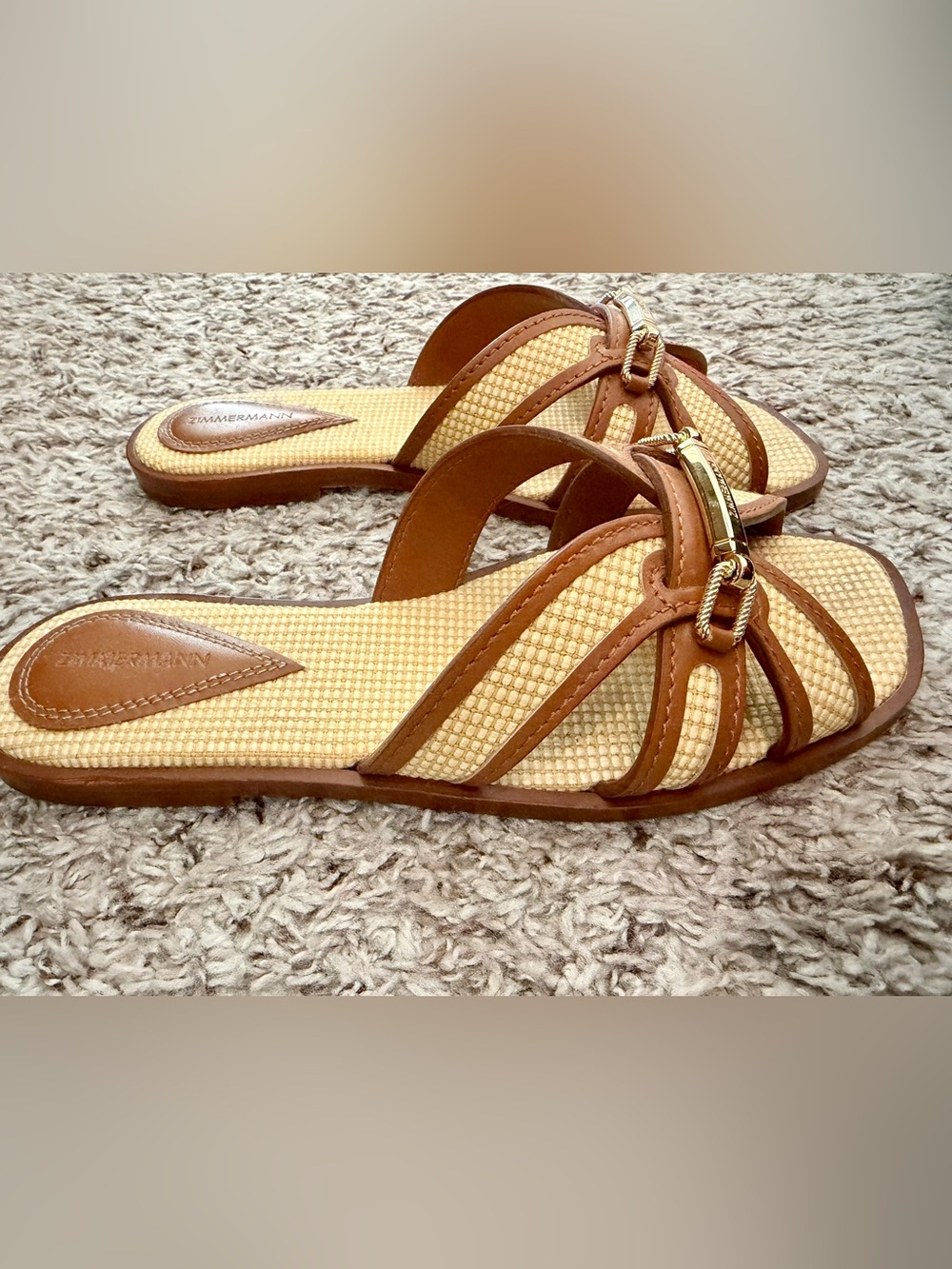 Zimmermann Prisma Raffia Leather Slide Sandals in Natural/Tan View 5
